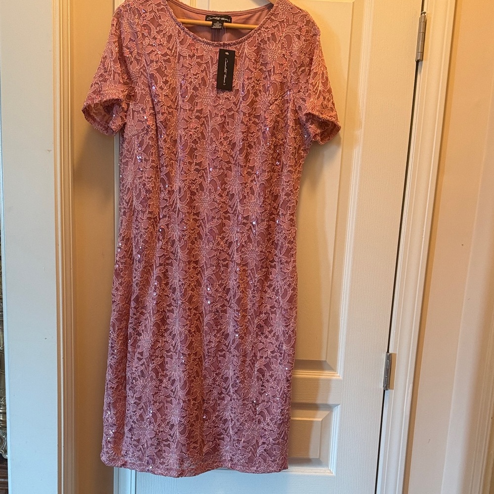 Women lace dress pink short sleeve